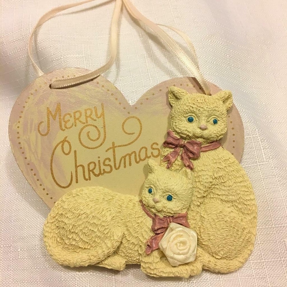 Kurt S. Adler Painted Wood Heart Resin Cats Christmas Ornament 3.5" H Dated 1990